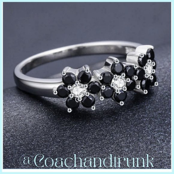 925 Hallmark 18 Black Spinel & 3 White Zirconia Prong Set 3 Flowers - Picture 2 of 4